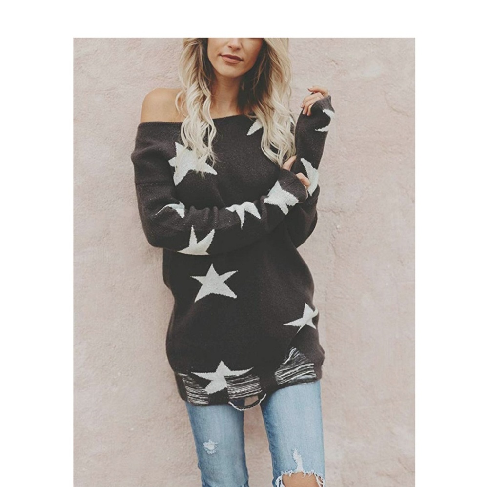 ARLO Star Print Distressed Off Shoulder Sweater